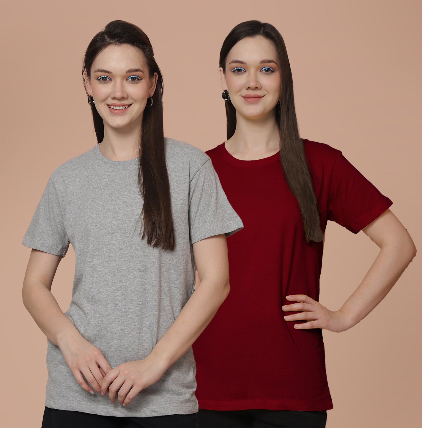 Friskers Pack Of 2 Grey Combination Round Neck Half Sleeves Long T-Shirt