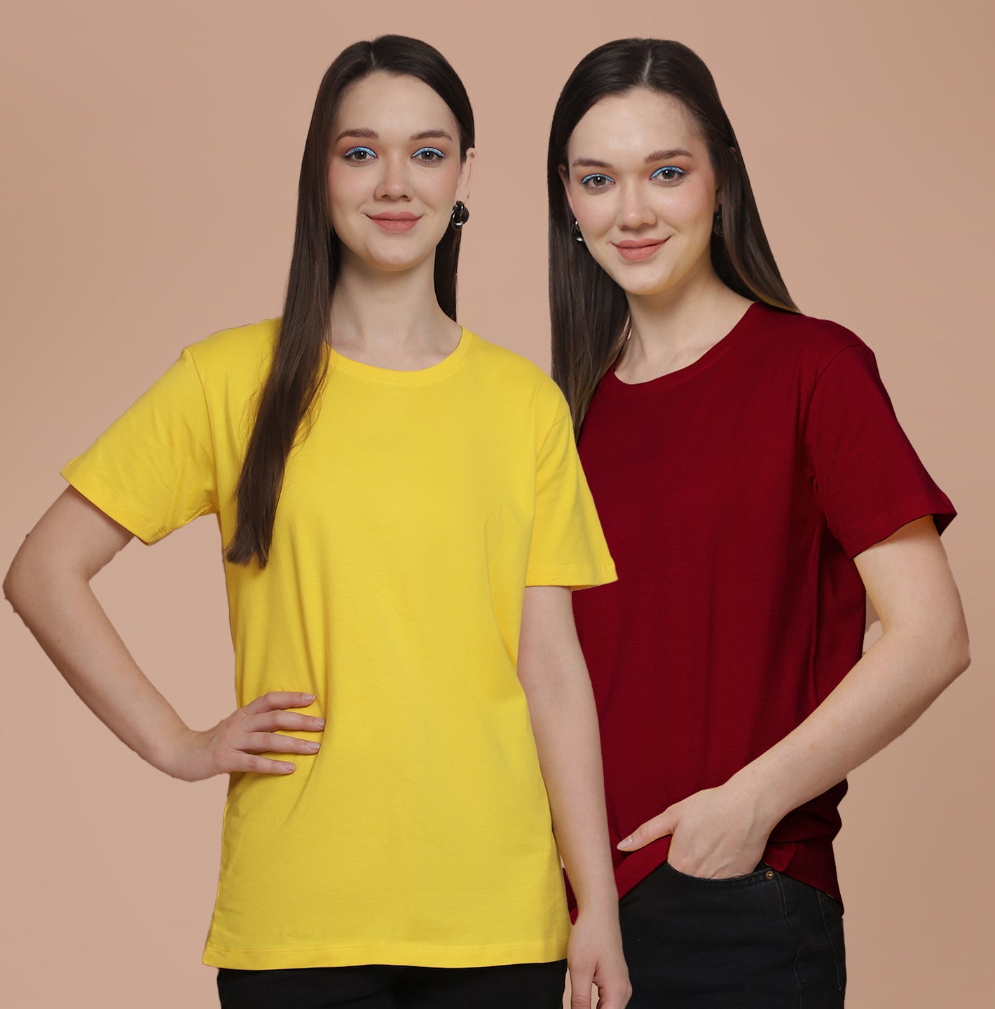 Friskers Pack Of 2 Yellow Combination Round Neck Half Sleeves Long T-Shirt