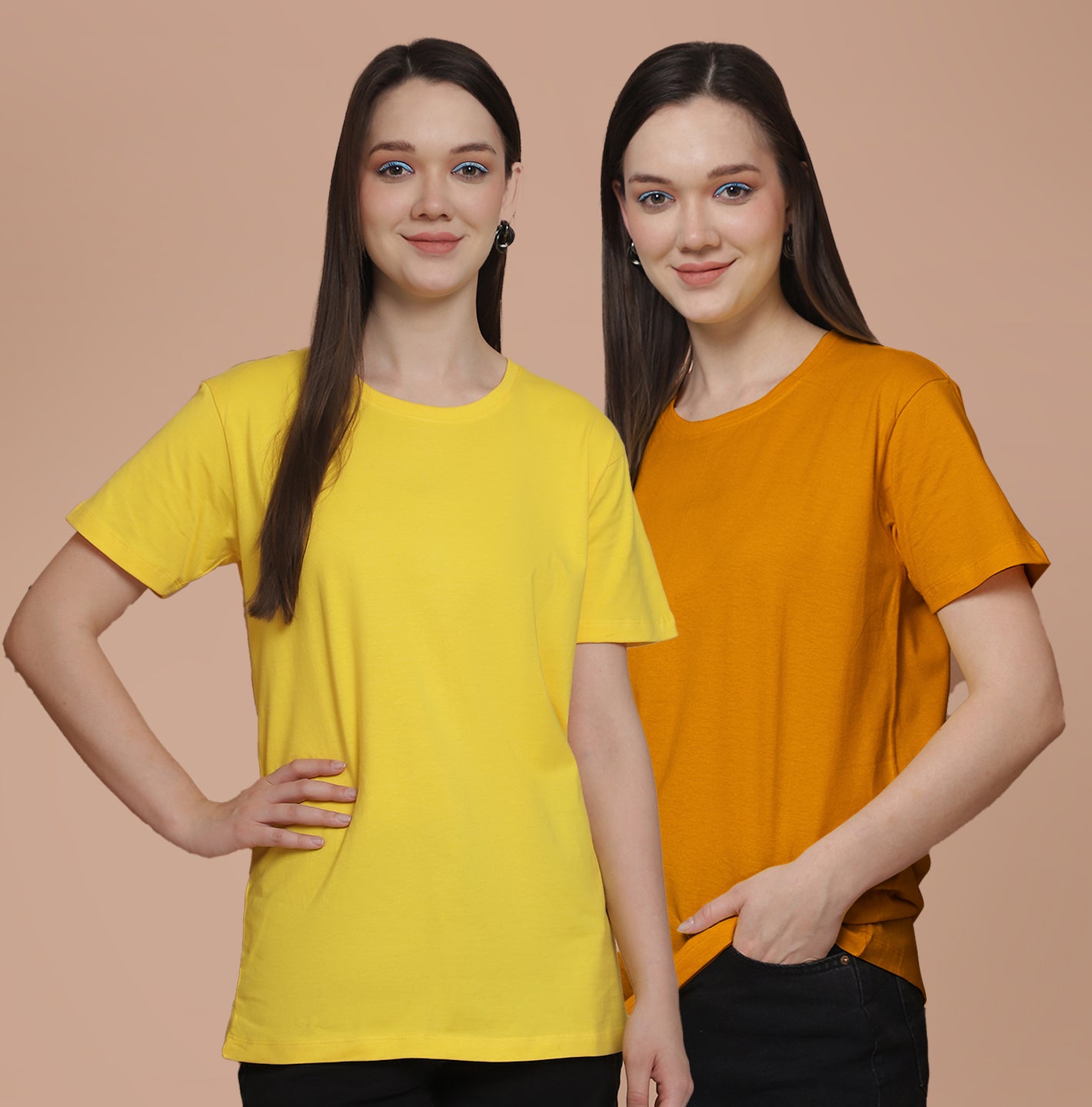 Friskers Pack Of 2 Yellow Combination Round Neck Half Sleeves Long T-Shirt
