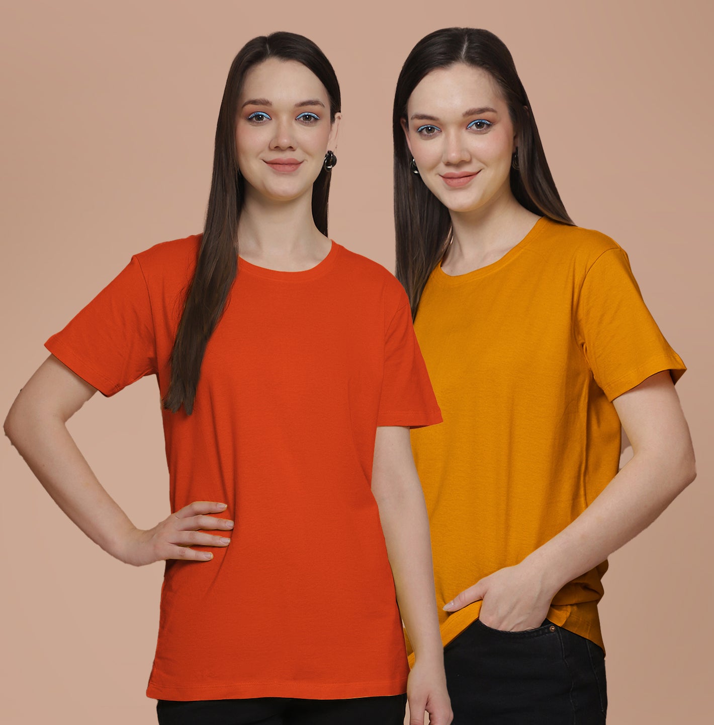 Friskers Pack Of 2 Orange Combination Round Neck Half Sleeves Long T-Shirt