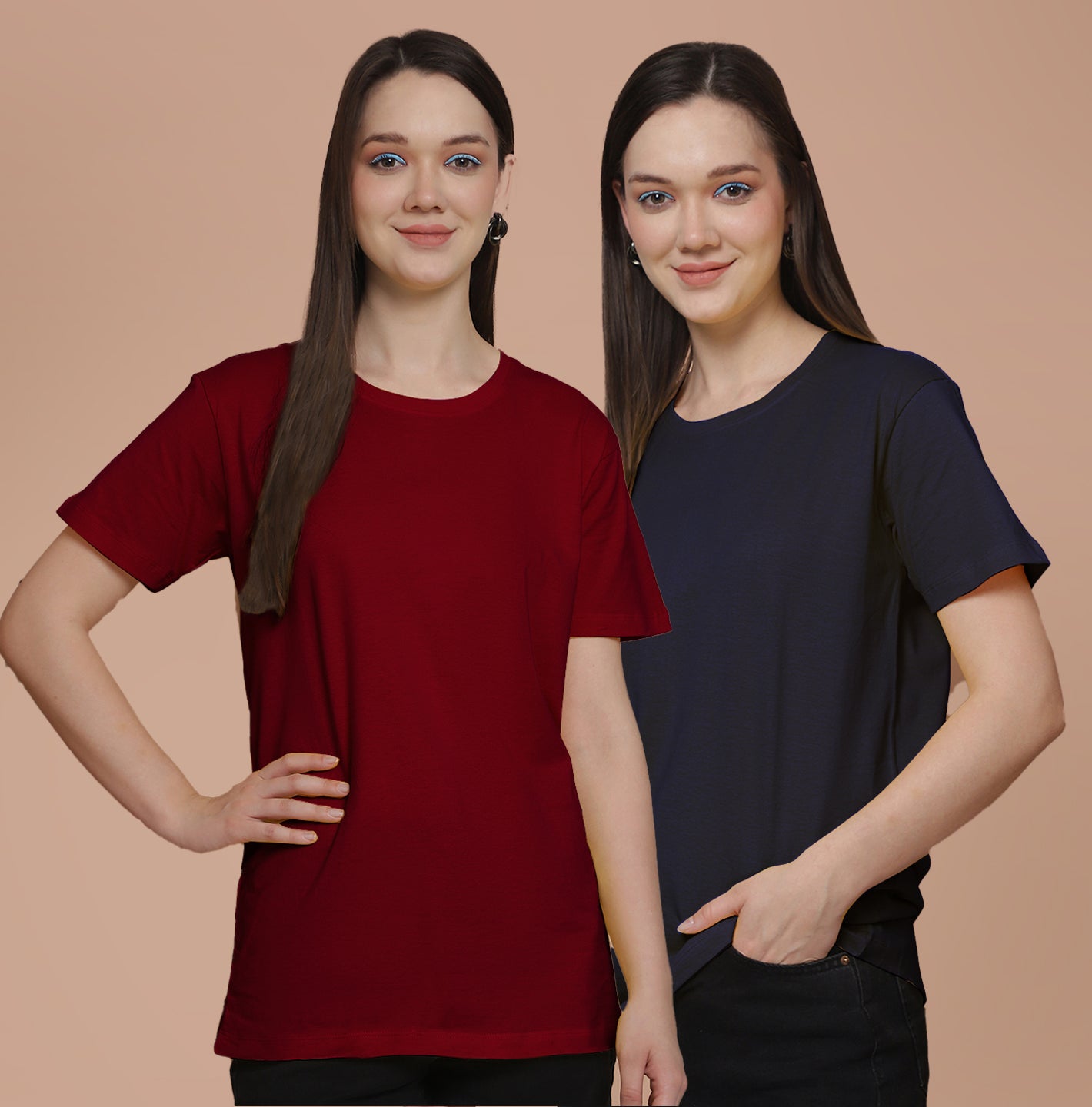 Friskers Pack Of 2 Maroon Combination Round Neck Half Sleeves Long T-Shirt