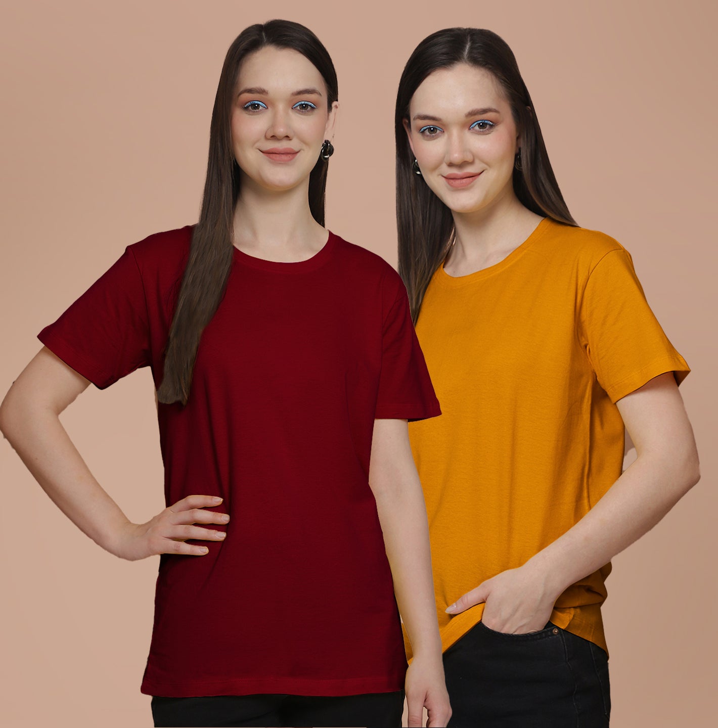 Friskers Pack Of 2 Maroon Combination Round Neck Half Sleeves Long T-Shirt