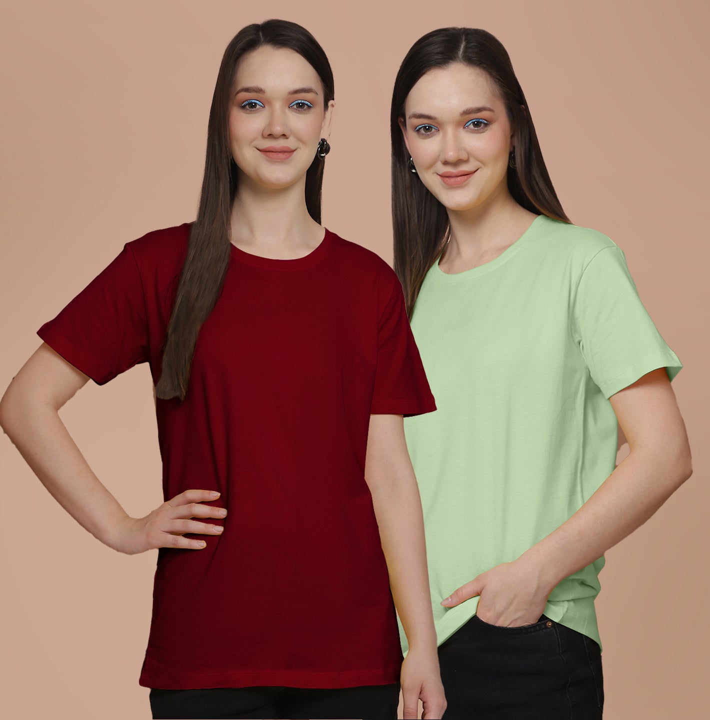 Friskers Pack Of 2 Maroon Combination Round Neck Half Sleeves Long T-Shirt