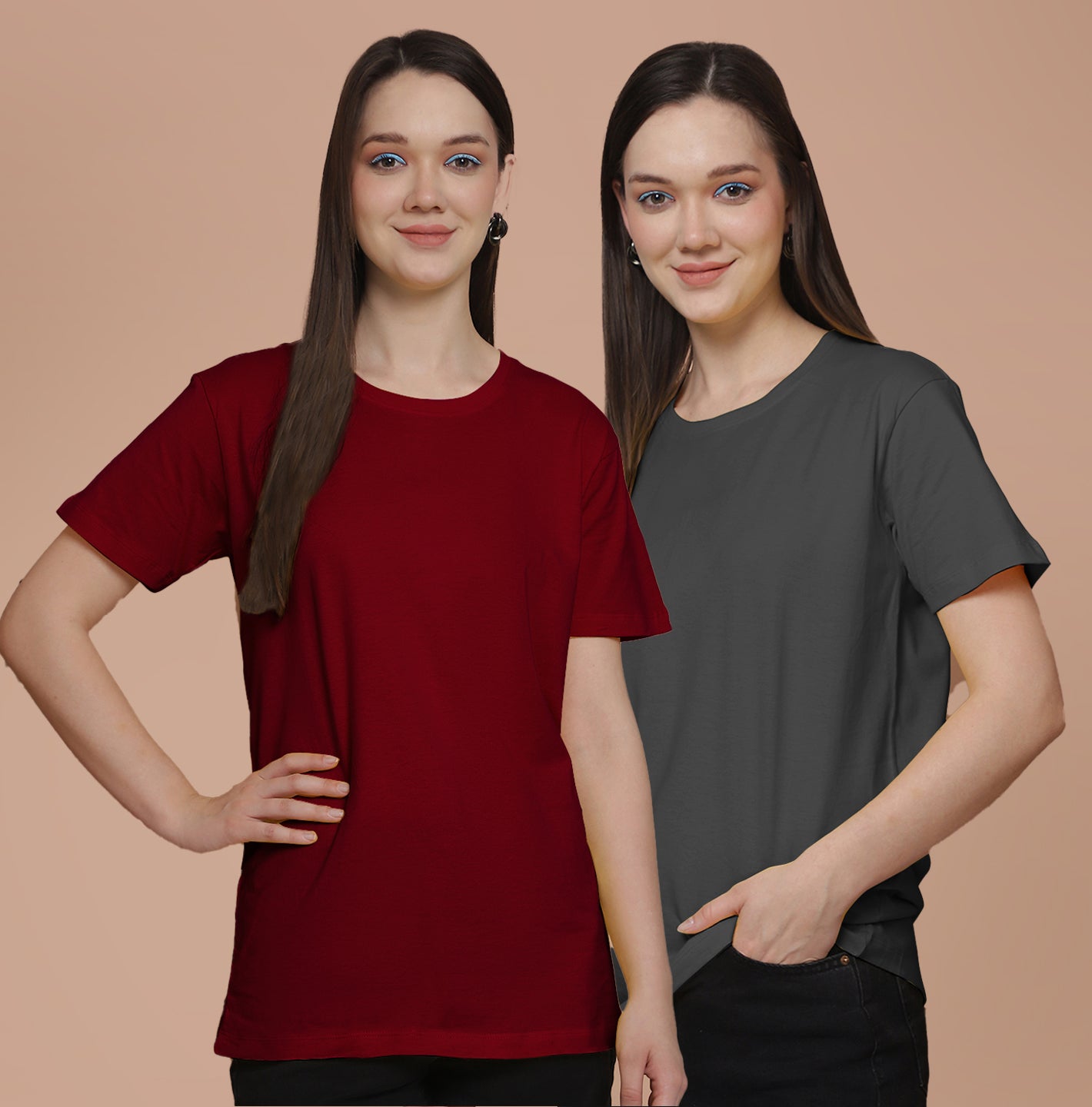 Friskers Pack Of 2 Maroon Combination Round Neck Half Sleeves Long T-Shirt