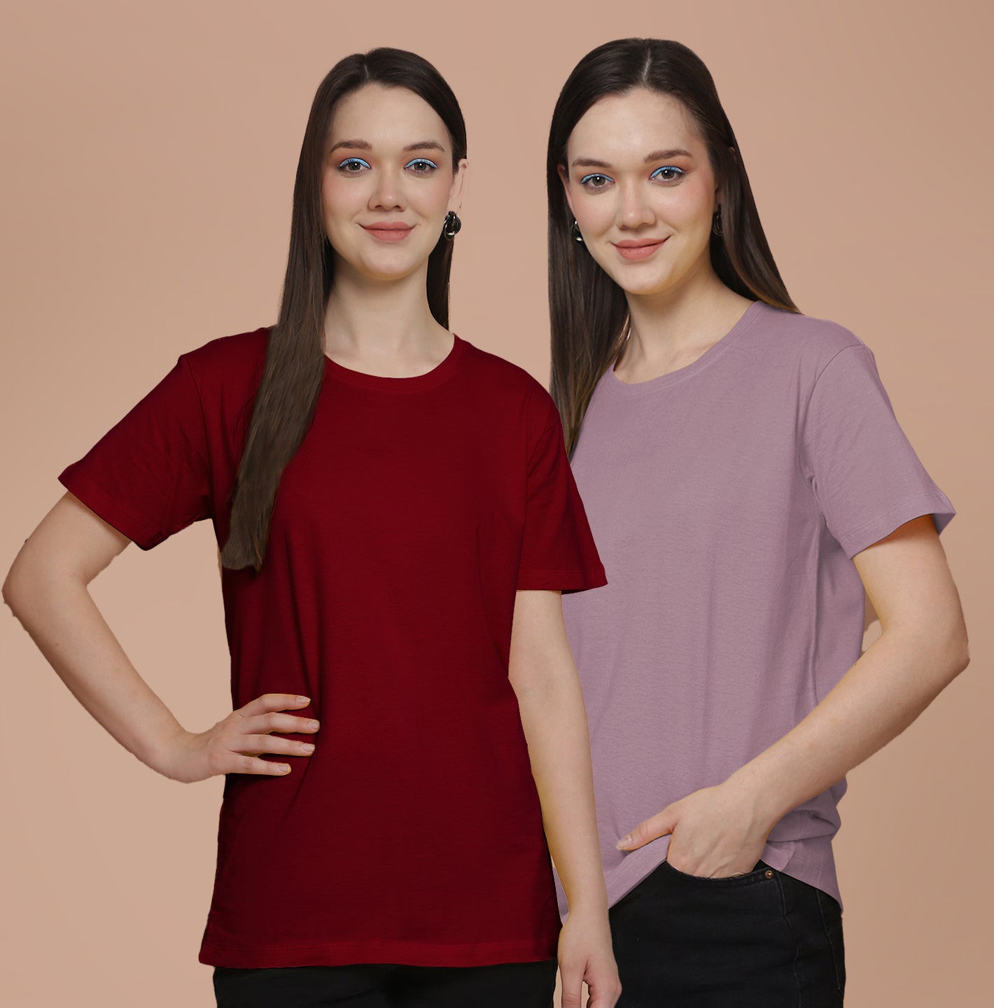 Friskers Pack Of 2 Maroon Combination Round Neck Half Sleeves Long T-Shirt
