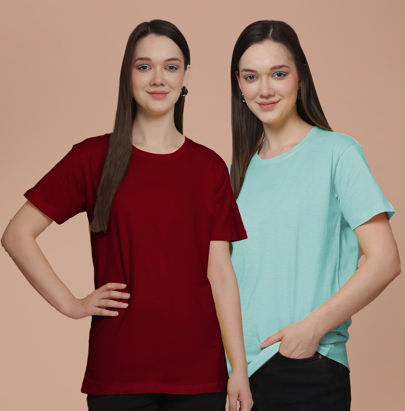 Friskers Pack Of 2 Maroon Combination Round Neck Half Sleeves Long T-Shirt
