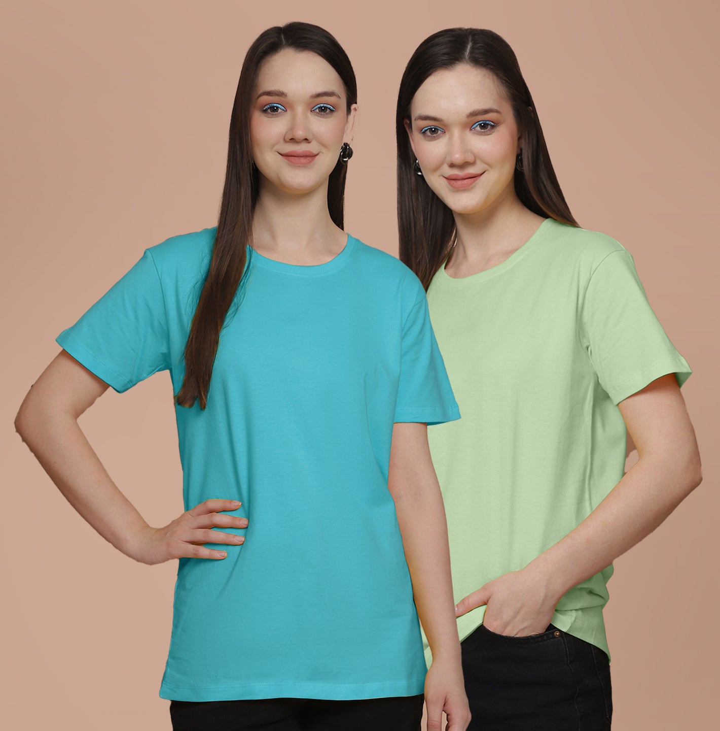 Friskers Pack Of 2 Turquoise Combination Round Neck Half Sleeves Long T-Shirt