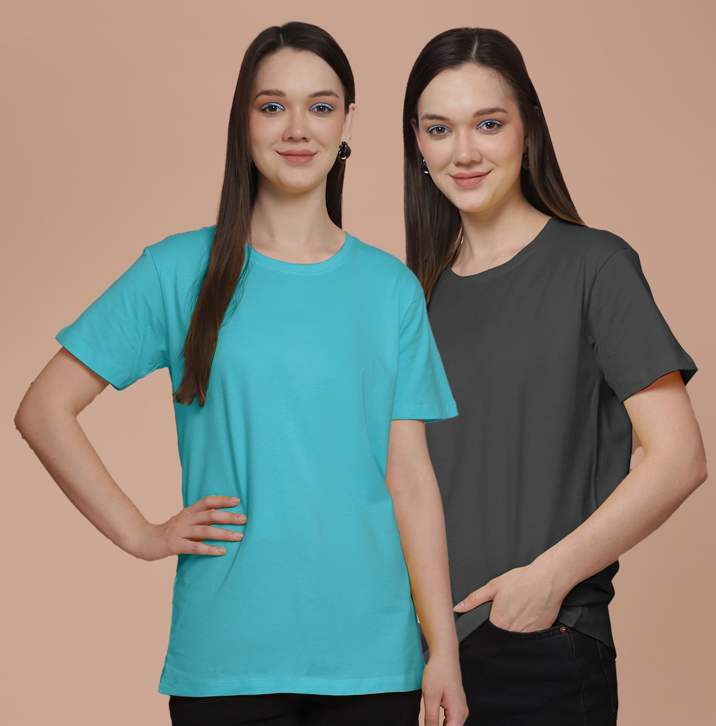 Friskers Pack Of 2 Turquoise Combination Round Neck Half Sleeves Long T-Shirt