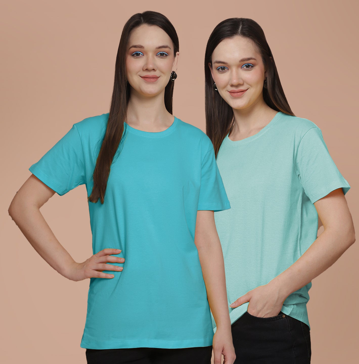 Friskers Pack Of 2 Turquoise Combination Round Neck Half Sleeves Long T-Shirt