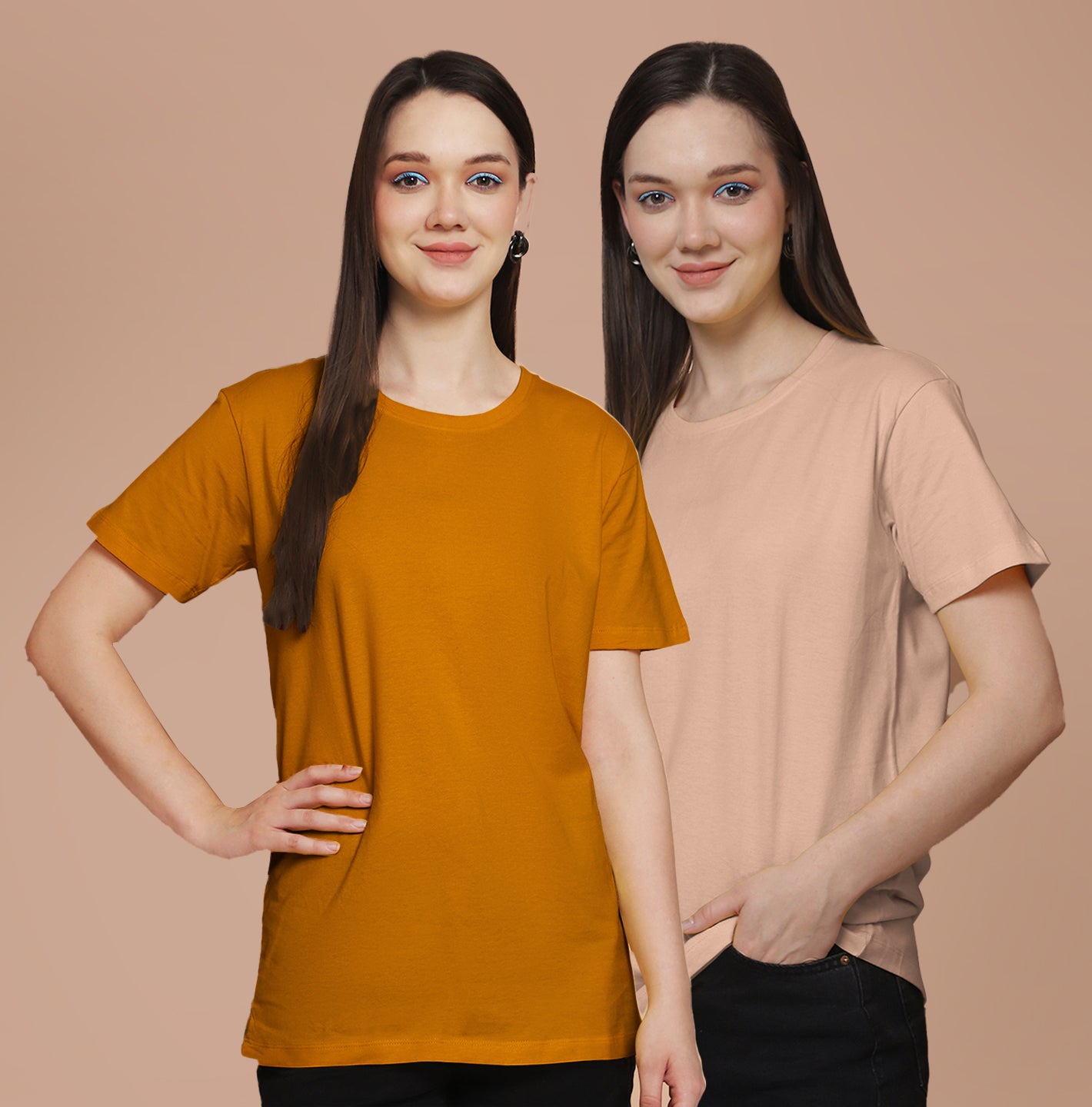 Friskers Pack Of 2 Mustard Combination Round Neck Half Sleeves Long T-Shirt