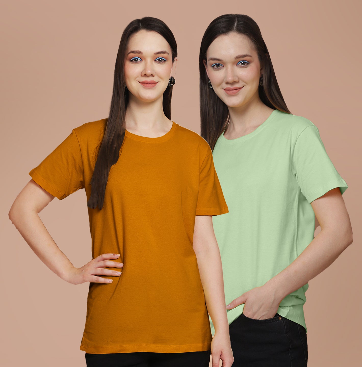 Friskers Pack Of 2 Mustard Combination Round Neck Half Sleeves Long T-Shirt