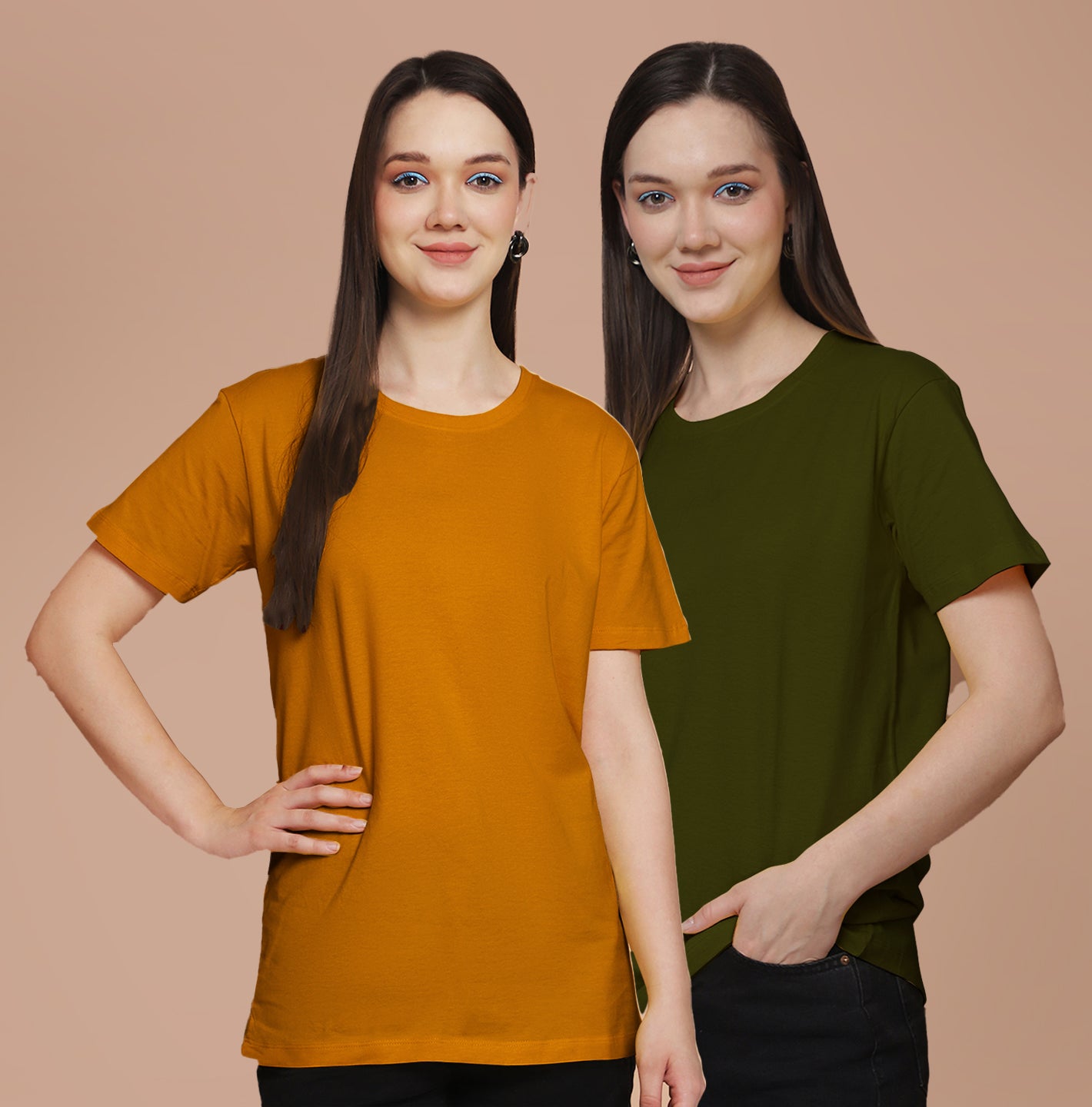 Friskers Pack Of 2 Mustard Combination Round Neck Half Sleeves Long T-Shirt