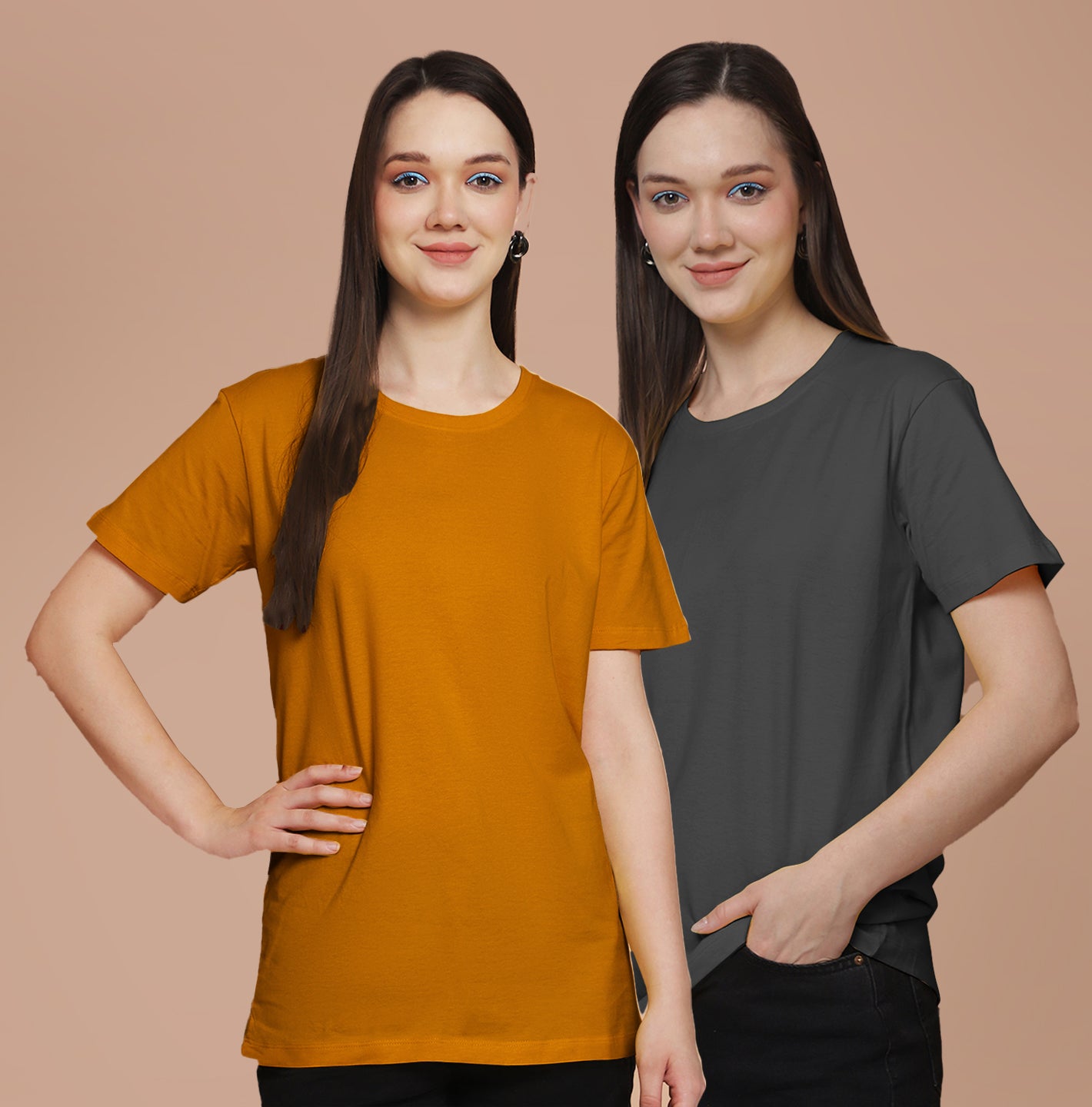 Friskers Pack Of 2 Mustard Combination Round Neck Half Sleeves Long T-Shirt
