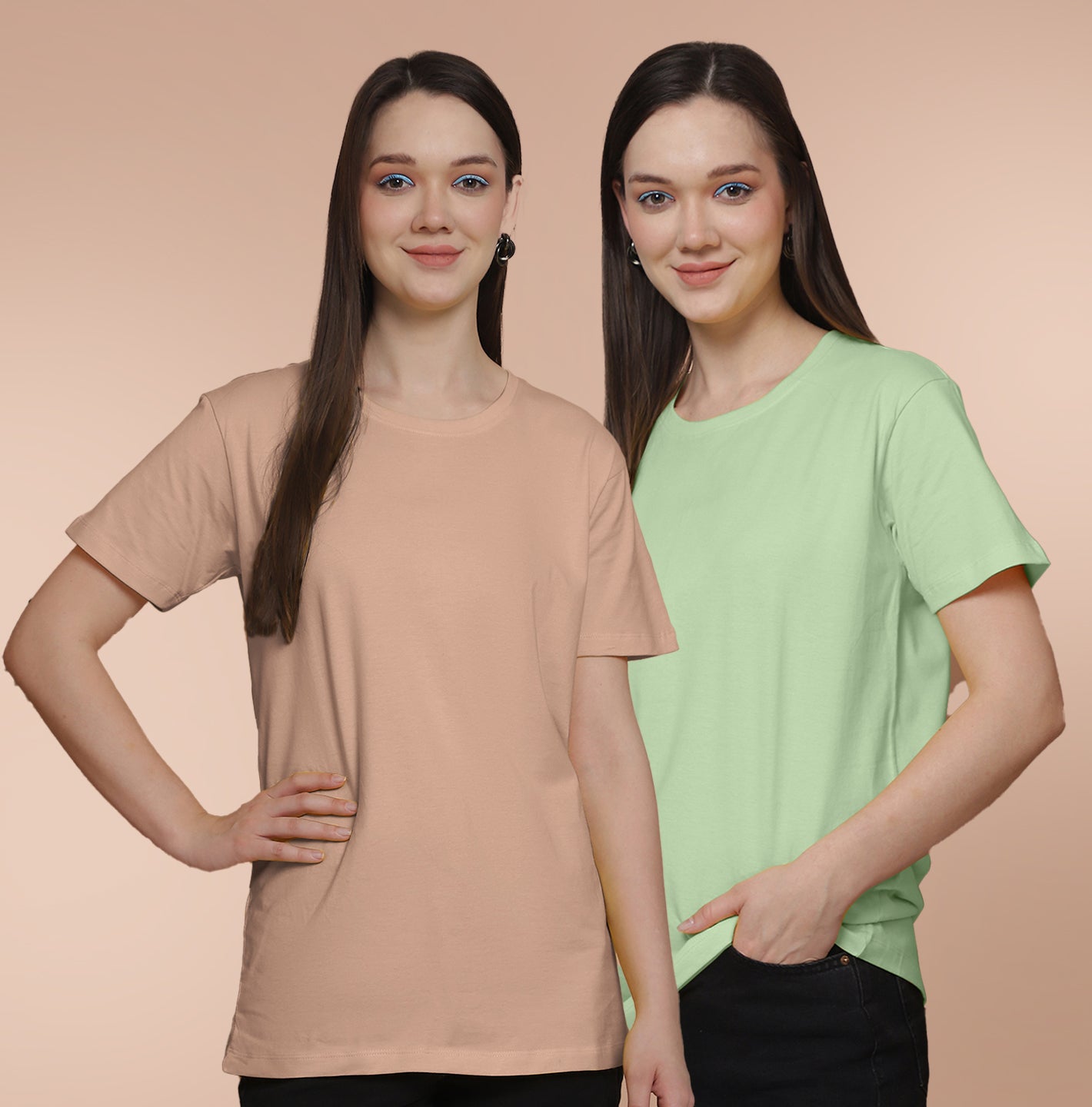 Friskers Pack Of 2 Coral Combination Round Neck Half Sleeves Long T-Shirt