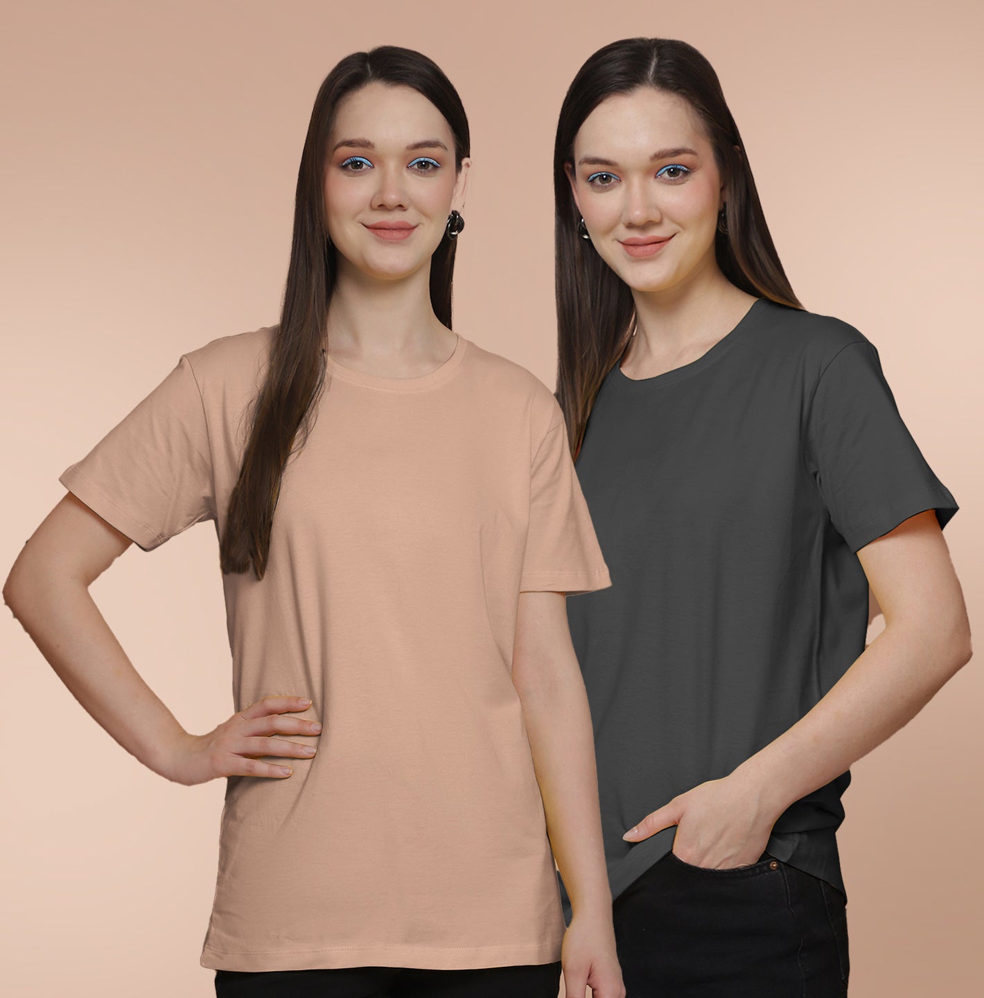 Friskers Pack Of 2 Coral Combination Round Neck Half Sleeves Long T-Shirt