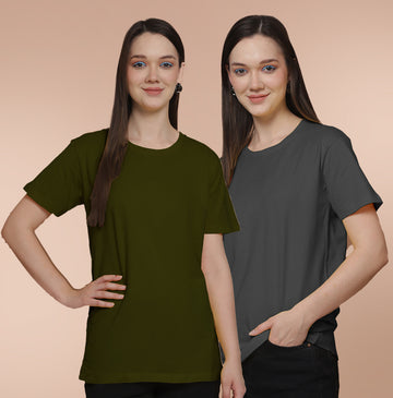 Friskers Pack Of 2 Olive Green Combination Round Neck Half Sleeves Long T-Shirt