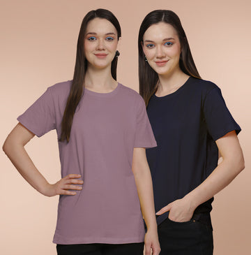 Friskers Pack Of 2 Dark Purple Combination Round Neck Half Sleeves Long T-Shirt