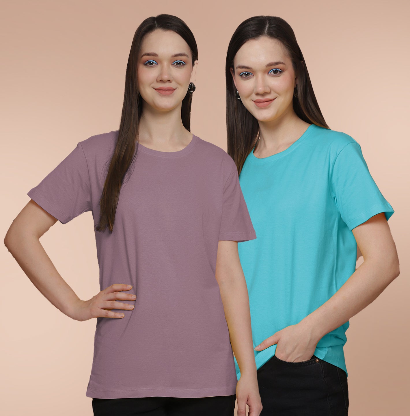 Friskers Pack Of 2 Dark Purple Combination Round Neck Half Sleeves Long T-Shirt