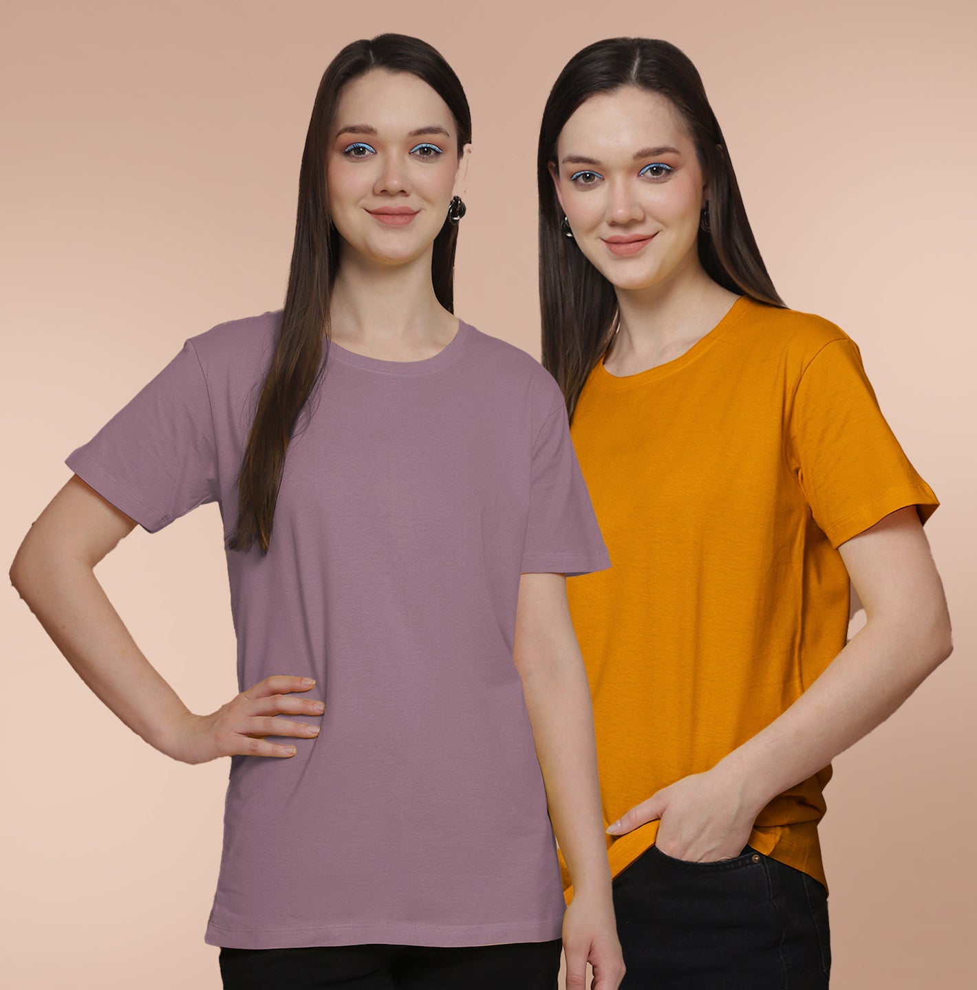 Friskers Pack Of 2 Dark Purple Combination Round Neck Half Sleeves Long T-Shirt