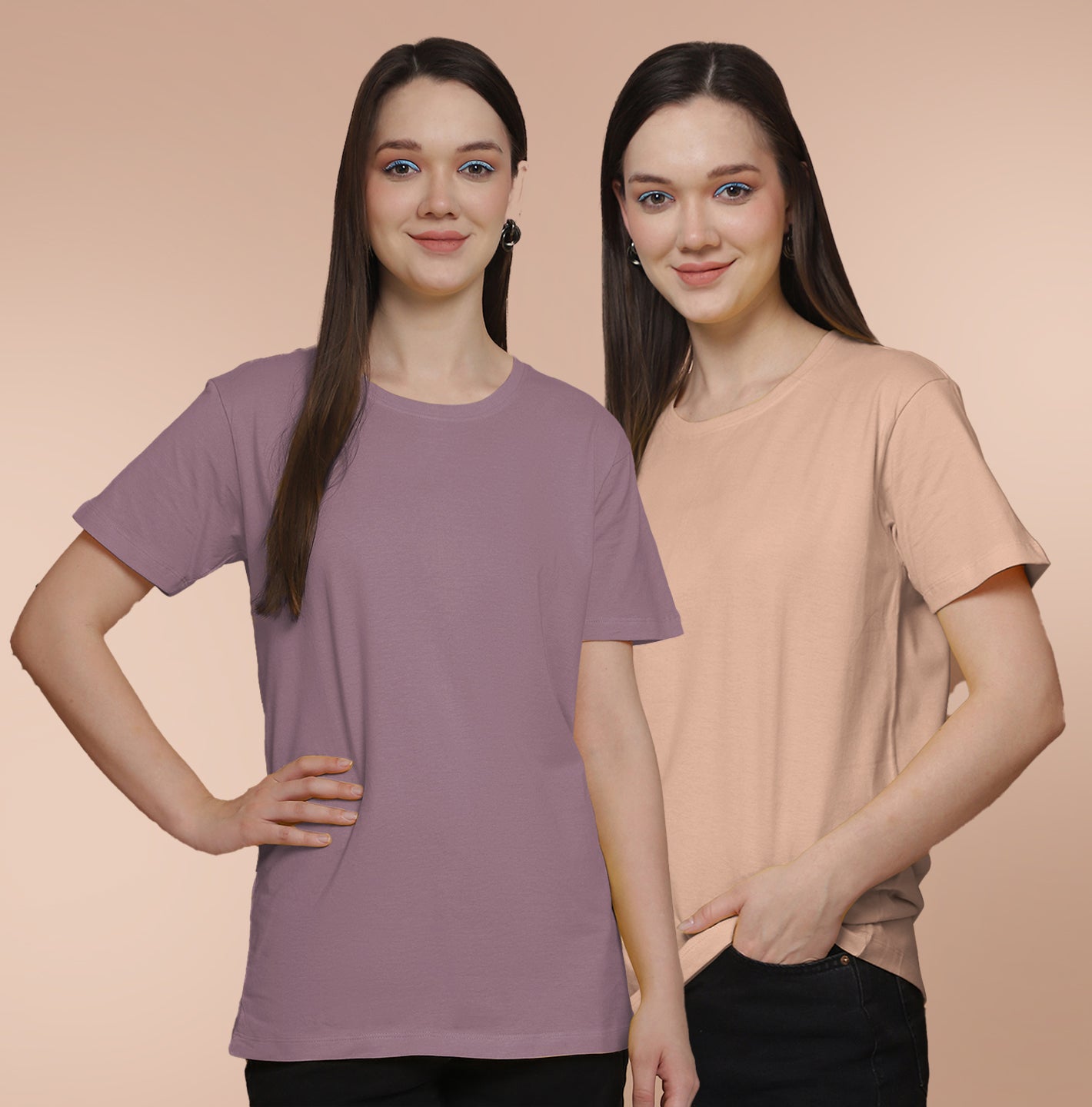 Friskers Pack Of 2 Dark Purple Combination Round Neck Half Sleeves Long T-Shirt