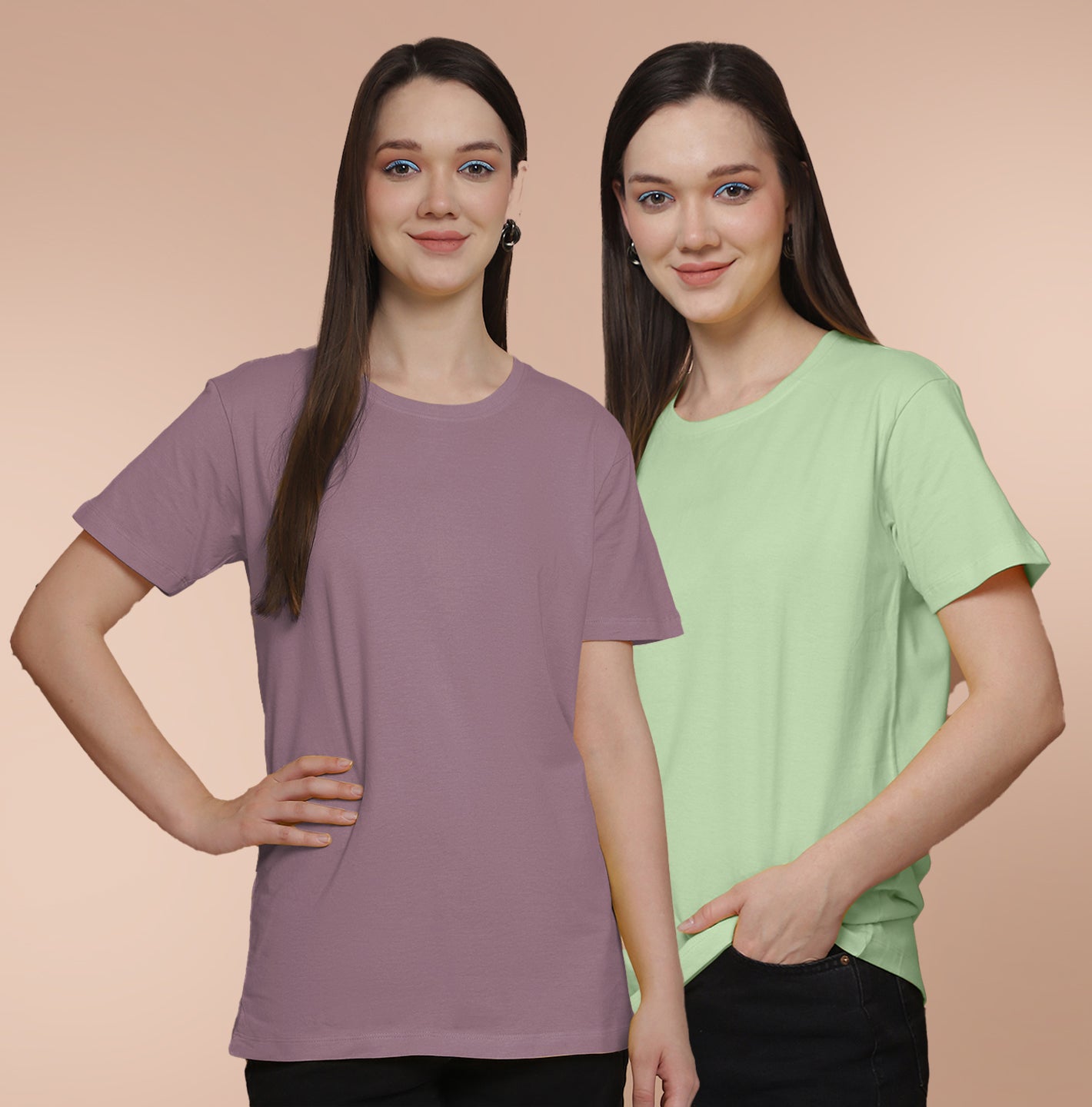 Friskers Pack Of 2 Dark Purple Combination Round Neck Half Sleeves Long T-Shirt