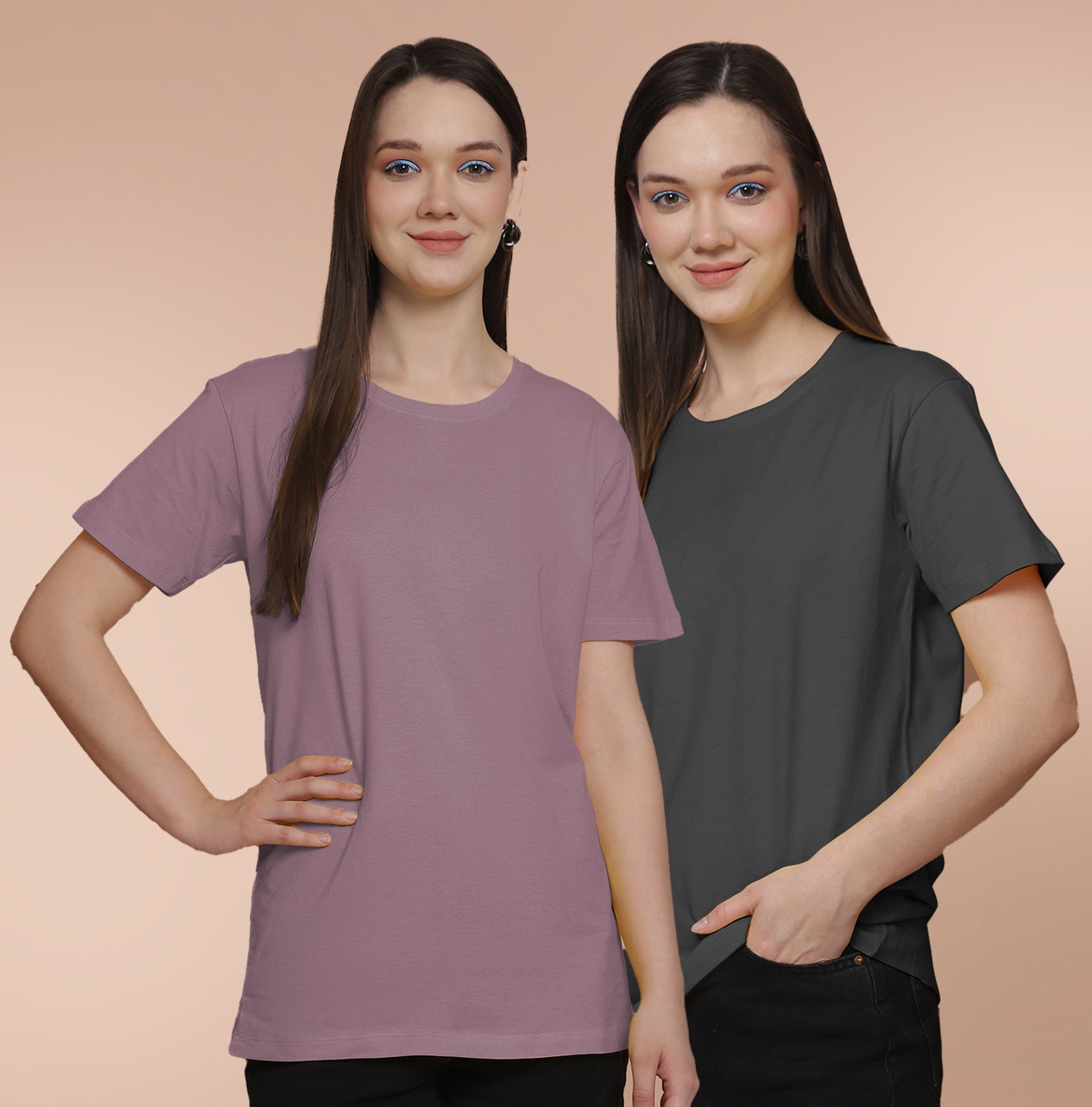 Friskers Pack Of 2 Dark Purple Combination Round Neck Half Sleeves Long T-Shirt