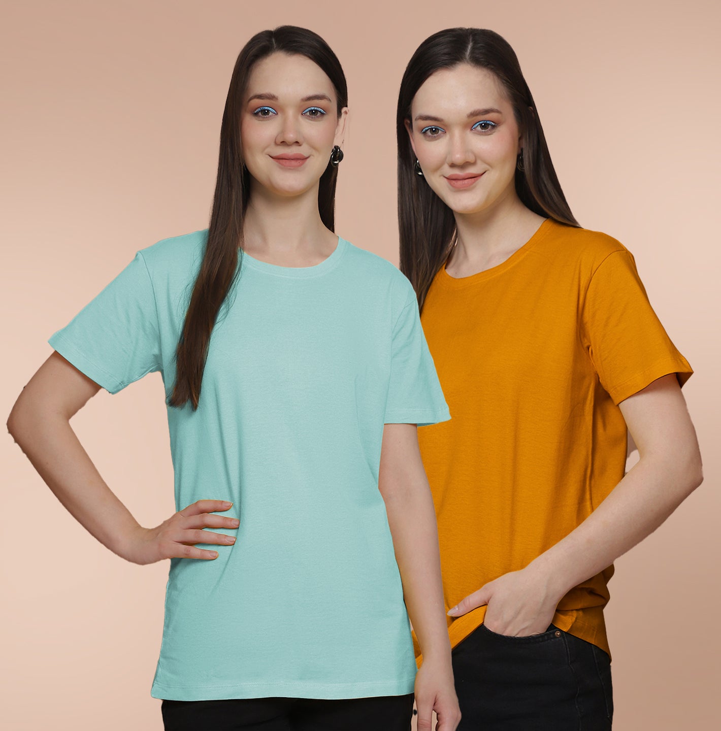 Friskers Pack Of 2 Light Turquoise Combination Round Neck Half Sleeves Long T-Shirt