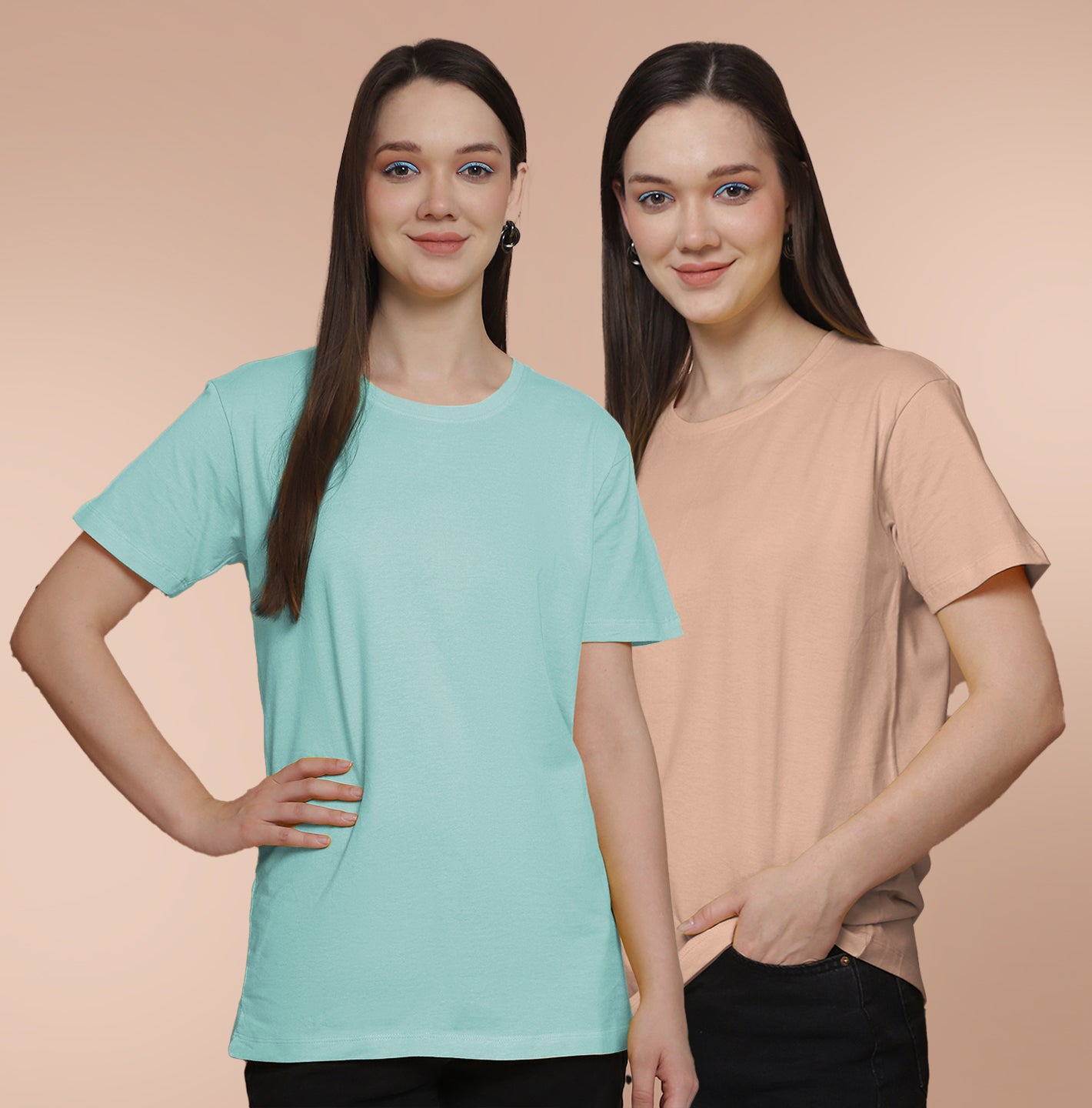 Friskers Pack Of 2 Light Turquoise Combination Round Neck Half Sleeves Long T-Shirt
