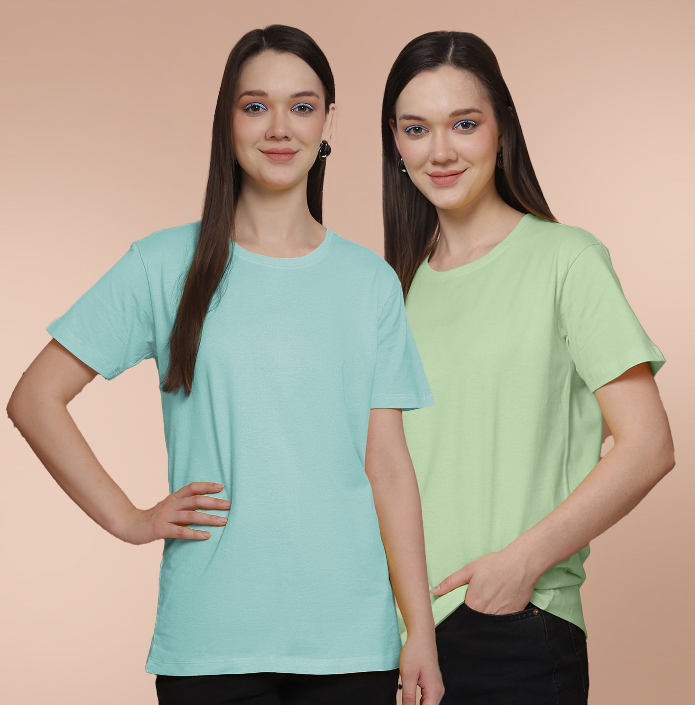 Friskers Pack Of 2 Light Turquoise Combination Round Neck Half Sleeves Long T-Shirt