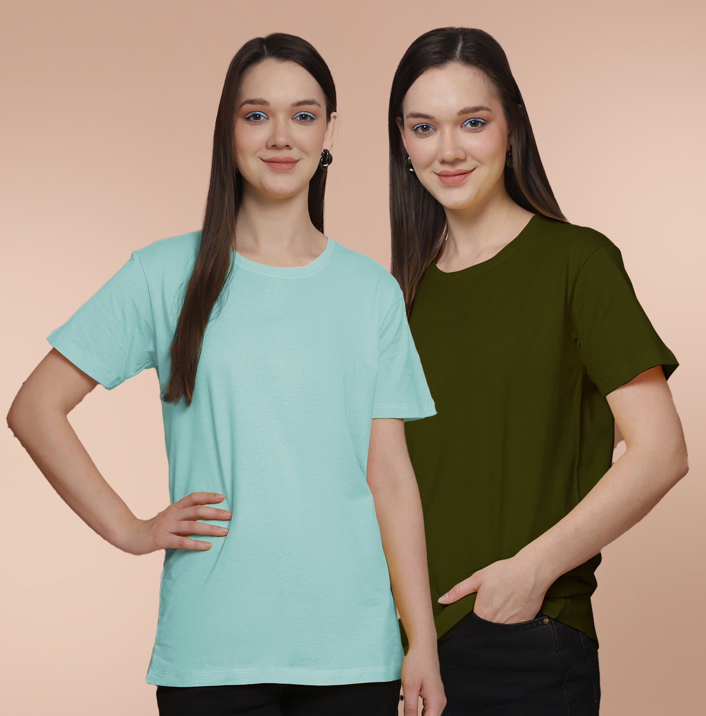 Friskers Pack Of 2 Light Turquoise Combination Round Neck Half Sleeves Long T-Shirt