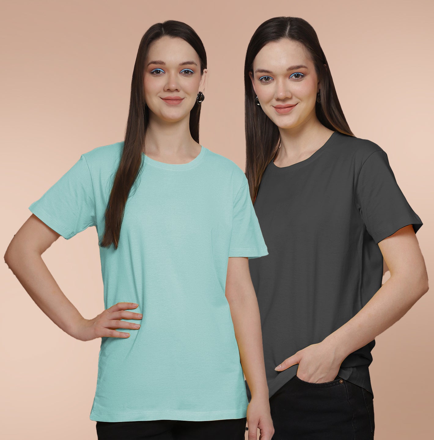 Friskers Pack Of 2 Light Turquoise Combination Round Neck Half Sleeves Long T-Shirt