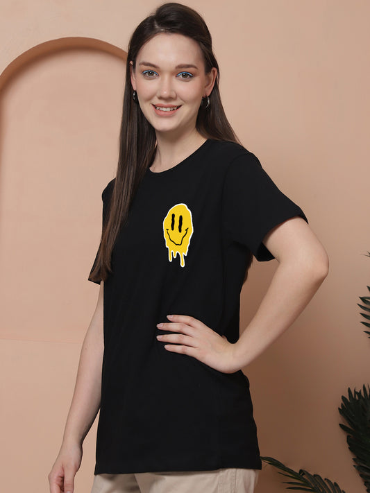 Friskers Women Smile Print Round Neck Half Sleeves Long T-Shirt