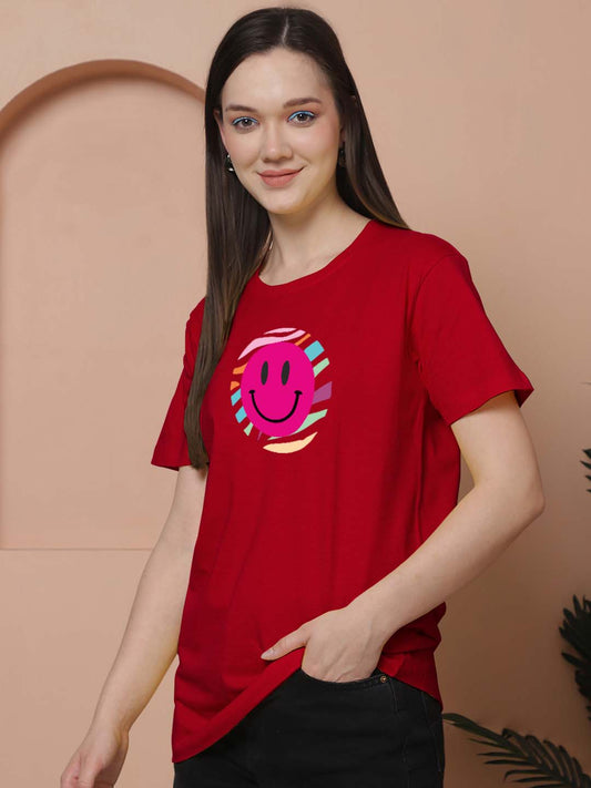 Friskers Women Smile Print Round Neck Half Sleeves Long T-Shirt