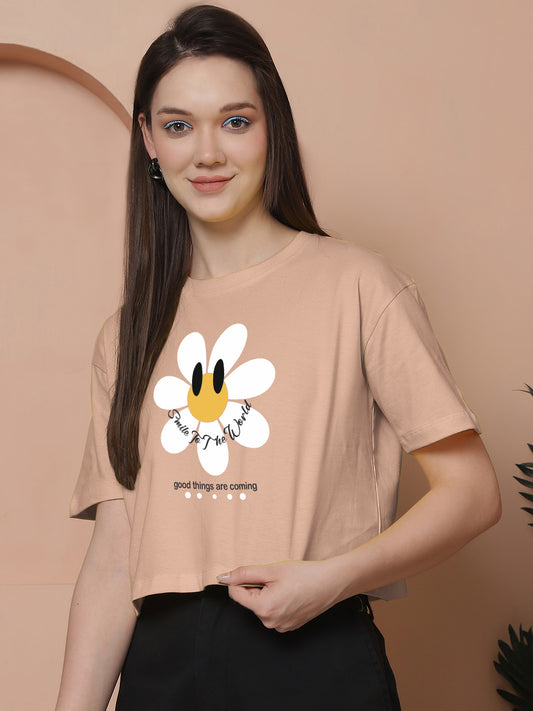 Friskers Women Smile To The World Printed Oversized Cotton Tshirt