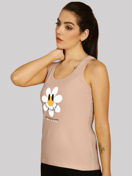 Women Sun Flower Printed Cotton Slim Fit Tank Top