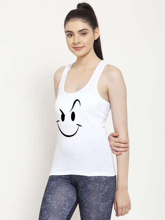 Smiley Printed Sleeveless Women Red Tank Top/Vest - Friskers