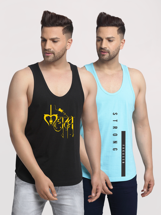Men's Pack of 2 Black & Turquiose Printed Gym vest - Friskers