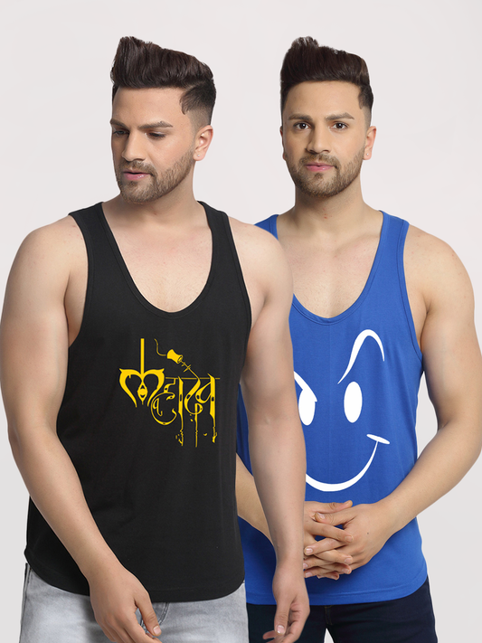 Men's Pack of 2 Black & Blue Printed Gym Vest - Friskers
