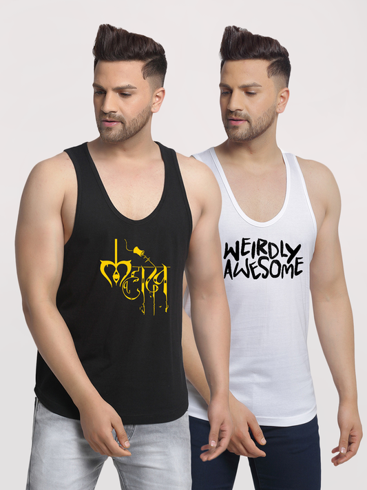 Men's Pack of 2 Black & White Printed Gym vest - Friskers