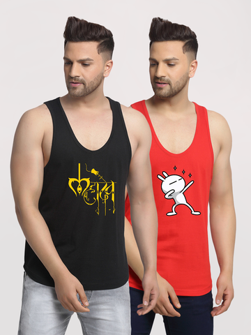 Men's Pack of 2 Black & Red Printed Gym vest - Friskers