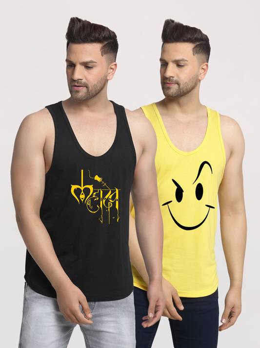 Men's Pack of 2 Black & Yellow Printed Gym Vest - Friskers