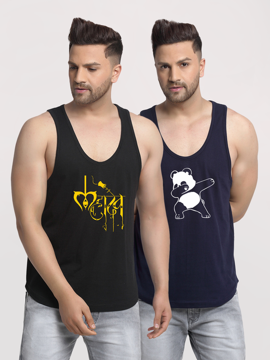 Men's Pack of 2 Black & Navy Printed Gym vest - Friskers
