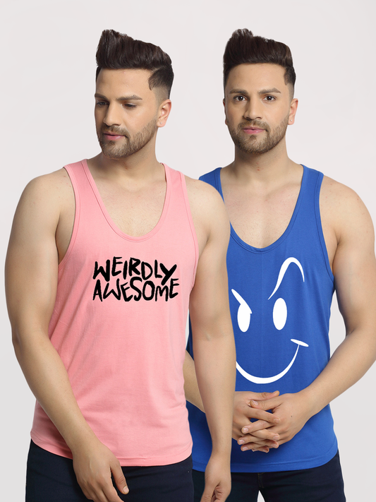 Men's Pack of 2 Coral & blue Printed Gym vest - Friskers