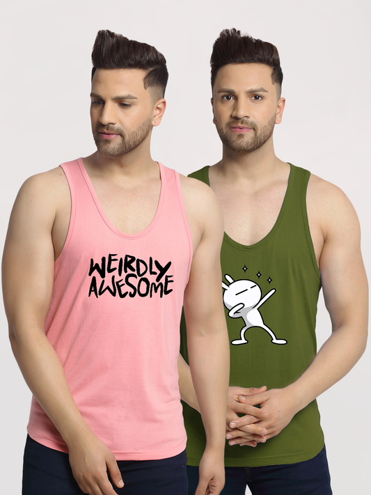 Men's Pack of 2 Coral & olive-green Printed Gym vest - Friskers