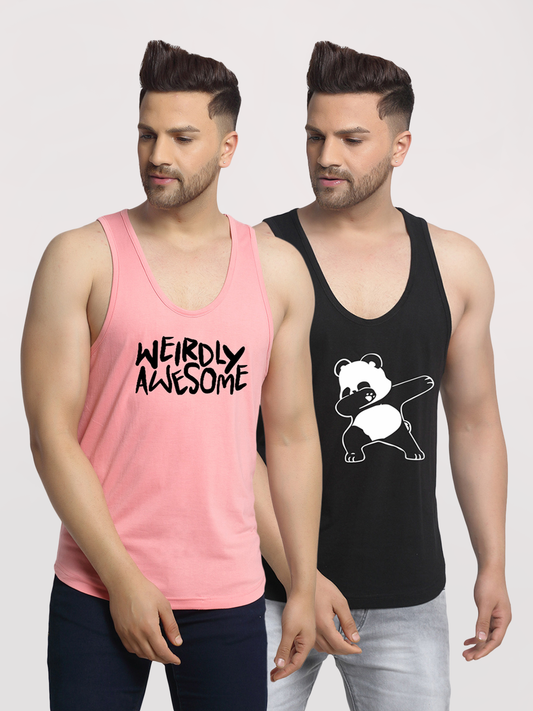 Men's Pack of 2 Coral & black Printed Gym vest - Friskers