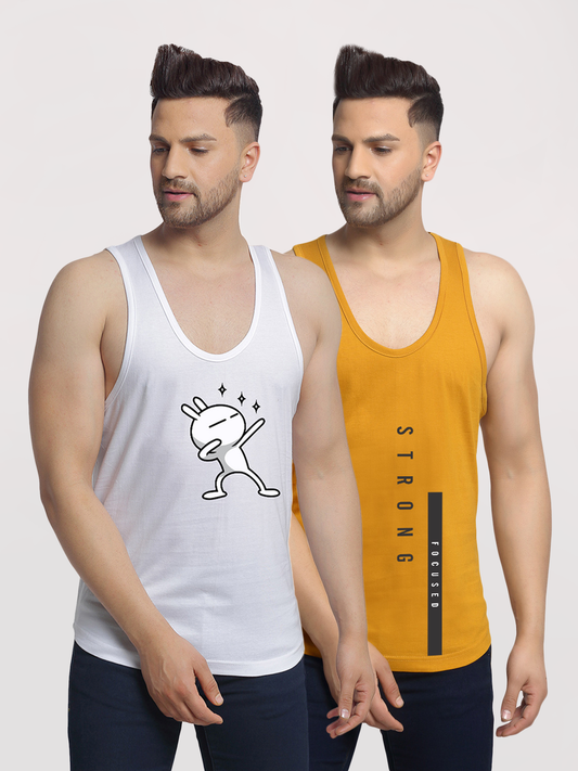 Men's Pack of 2 White & Mustard Printed Gym vest - Friskers