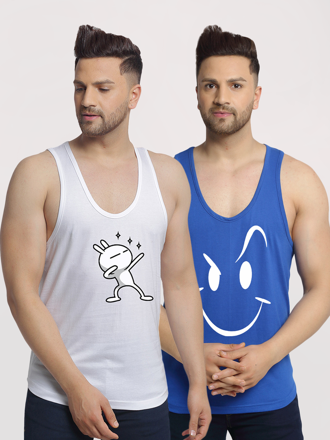 Men's Pack of 2 White & Blue Printed Gym vest - Friskers