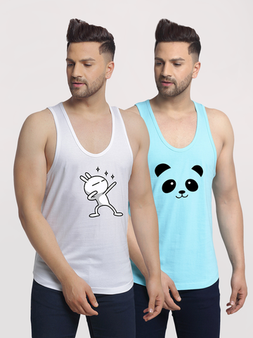 Men's Pack of 2 White & Turquiose Printed Gym vest - Friskers
