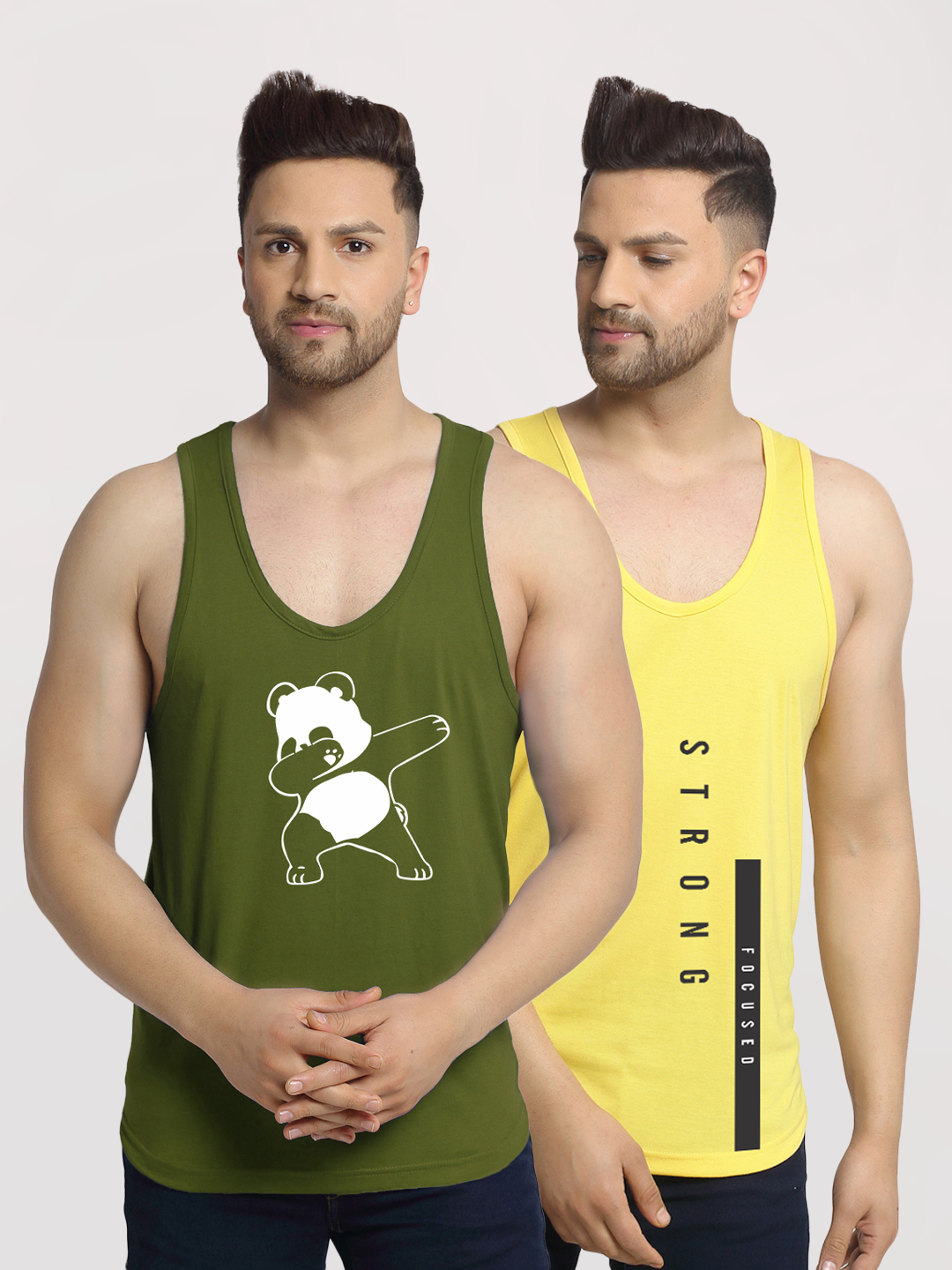 Men's Pack of 2 Olive Green & Yellow Printed Gym vest - Friskers