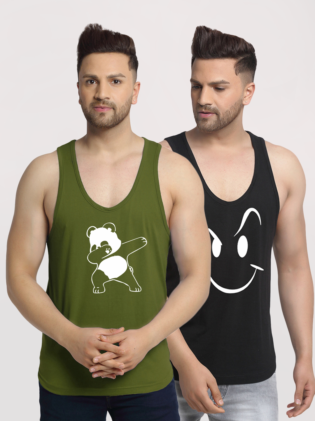 Men's Pack of 2 Olive Green & Black Printed Gym vest - Friskers